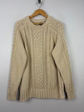 LL Bean Signature Fisherman Sweater Mens XL Beige Cotton Cable Knit Crew Neck